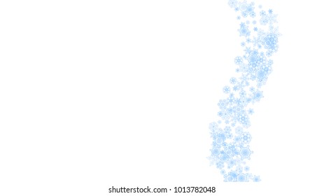Winter frame with blue snowflakes for Christmas and New Year celebration. Horizontal winter frame on white background  for banners, gift coupons, vouchers, ads, party events. Falling frosty snow.