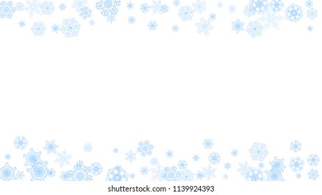 Winter frame with blue snowflakes for Christmas and New Year celebration. Horizontal winter frame on white background  for banners, gift coupons, vouchers, ads, party events. Falling frosty snow.