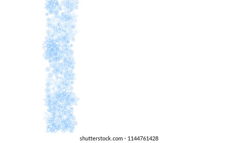 Winter frame with blue snowflakes for Christmas and New Year celebration. Horizontal winter frame on white background  for banners, gift coupons, vouchers, ads, party events. Falling frosty snow.