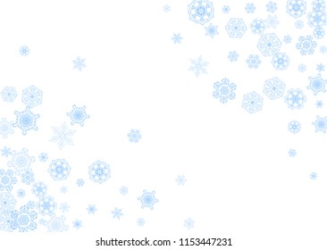 Winter frame with blue snowflakes for Christmas and New Year celebration. Horizontal winter frame on white background  for banners, gift coupons, vouchers, ads, party events. Falling frosty snow.