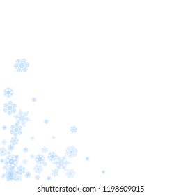 Winter frame with blue snowflakes for Christmas and New Year celebration. Holiday winter frame on white background  for banners, gift coupons, vouchers, ads, party events. Falling frosty snow.