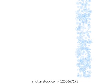 Winter frame with blue snowflakes for Christmas and New Year celebration. Horizontal winter frame on white background  for banners, gift coupons, vouchers, ads, party events. Falling frosty snow.