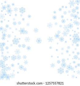 Winter frame with blue snowflakes for Christmas and New Year celebration. Holiday winter frame on white background  for banners, gift coupons, vouchers, ads, party events. Falling frosty snow.