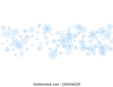 Winter frame with blue snowflakes for Christmas and New Year celebration. Horizontal winter frame on white background  for banners, gift coupons, vouchers, ads, party events. Falling frosty snow.