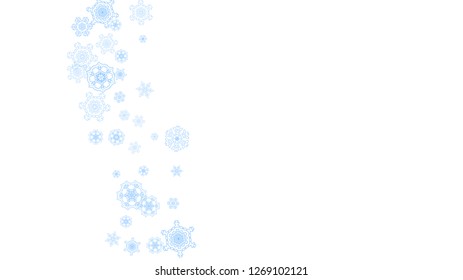 Winter frame with blue snowflakes for Christmas and New Year celebration. Horizontal winter frame on white background  for banners, gift coupons, vouchers, ads, party events. Falling frosty snow.