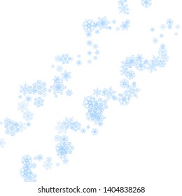 Winter frame with blue snowflakes for Christmas and New Year celebration. Holiday winter frame on white background  for banners, gift coupons, vouchers, ads, party events. Falling frosty snow.