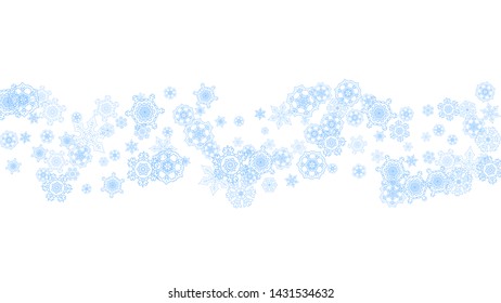 Winter frame with blue snowflakes for Christmas and New Year celebration. Horizontal winter frame on white background for banners, gift coupons, vouchers, ads, party events. Falling frosty snow.