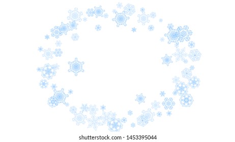 Winter frame with blue snowflakes for Christmas and New Year celebration. Horizontal winter frame on white background for banners, gift coupons, vouchers, ads, party events. Falling frosty snow.