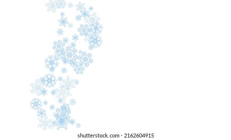 Winter frame with blue snowflakes for Christmas and New Year celebration. Horizontal winter frame on white background  for banners, gift coupons, vouchers, ads, party events. Falling frosty snow.