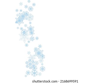 Winter frame with blue snowflakes for Christmas and New Year celebration. Horizontal winter frame on white background  for banners, gift coupons, vouchers, ads, party events. Falling frosty snow.