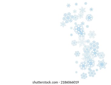 Winter frame with blue snowflakes for Christmas and New Year celebration. Horizontal winter frame on white background  for banners, gift coupons, vouchers, ads, party events. Falling frosty snow.