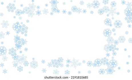 Winter frame with blue snowflakes for Christmas and New Year celebration. Horizontal winter frame on white background  for banners, gift coupons, vouchers, ads, party events. Falling frosty snow.