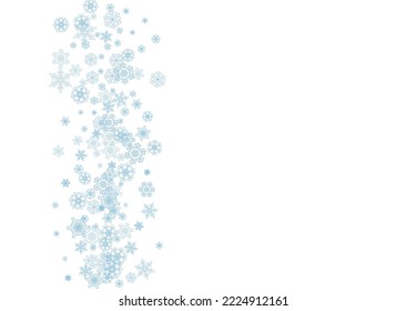 Winter frame with blue snowflakes for Christmas and New Year celebration. Horizontal winter frame on white background  for banners, gift coupons, vouchers, ads, party events. Falling frosty snow.