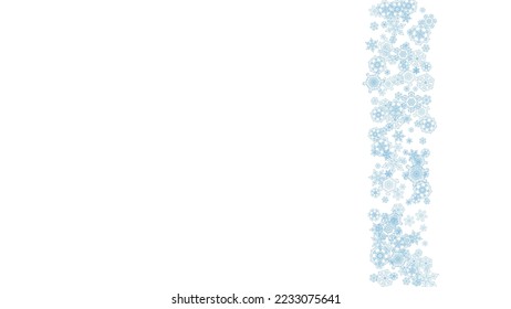 Winter frame with blue snowflakes for Christmas and New Year celebration. Horizontal winter frame on white background  for banners, gift coupons, vouchers, ads, party events. Falling frosty snow.