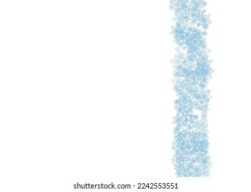 Winter frame with blue snowflakes for Christmas and New Year celebration. Horizontal winter frame on white background  for banners, gift coupons, vouchers, ads, party events. Falling frosty snow.