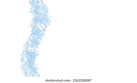 Winter frame with blue snowflakes for Christmas and New Year celebration. Horizontal winter frame on white background  for banners, gift coupons, vouchers, ads, party events. Falling frosty snow.