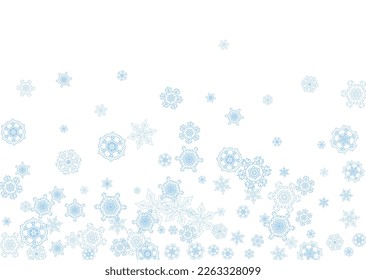 Winter frame with blue snowflakes for Christmas and New Year celebration. Horizontal winter frame on white background  for banners, gift coupons, vouchers, ads, party events. Falling frosty snow.
