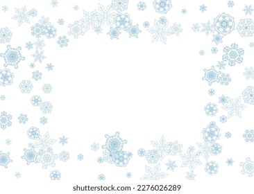 Winter frame with blue snowflakes for Christmas and New Year celebration. Horizontal winter frame on white background  for banners, gift coupons, vouchers, ads, party events. Falling frosty snow.