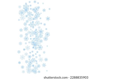 Winter frame with blue snowflakes for Christmas and New Year celebration. Horizontal winter frame on white background  for banners, gift coupons, vouchers, ads, party events. Falling frosty snow.
