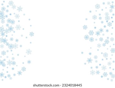 Winter frame with blue snowflakes for Christmas and New Year celebration. Horizontal winter frame on white background  for banners, gift coupons, vouchers, ads, party events. Falling frosty snow.