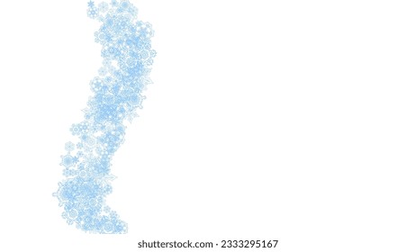 Winter frame with blue snowflakes for Christmas and New Year celebration. Horizontal winter frame on white background  for banners, gift coupons, vouchers, ads, party events. Falling frosty snow.