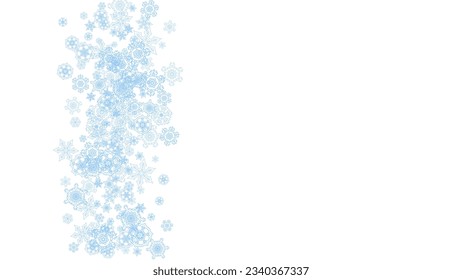 Marco de invierno con copos de nieve azules para Navidad y celebración de Año Nuevo. Marco horizontal de invierno sobre fondo blanco para banners, cupones de regalo, vales, anuncios, fiestas. Nieve helada.