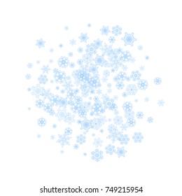Winter frame with blue snowflakes for Christmas and New Year celebration. Holiday winter frame on white background  for banners, gift coupons, vouchers, ads, party events. Falling frosty snow.