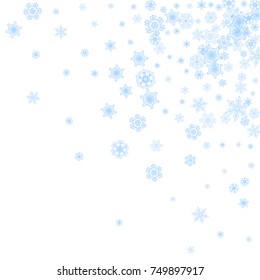Winter frame with blue snowflakes for Christmas and New Year celebration. Holiday winter frame on white background  for banners, gift coupons, vouchers, ads, party events. Falling frosty snow.