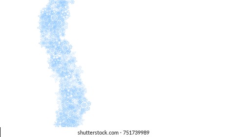 Winter frame with blue snowflakes for Christmas and New Year celebration. Horizontal winter frame on white background  for banners, gift coupons, vouchers, ads, party events. Falling frosty snow.