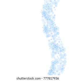 Winter frame with blue snowflakes for Christmas and New Year celebration. Holiday winter frame on white background  for banners, gift coupons, vouchers, ads, party events. Falling frosty snow.