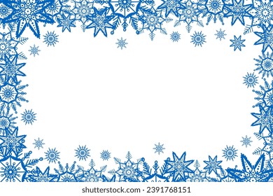Marco invernal con copos de nieve azules sobre fondo blanco con espacio de copia. Antecedentes vectores para afiches, volantes, banner web, medios sociales, Navidad o diseño de tarjetas de Año Nuevo. Textura tradicional de vacaciones.