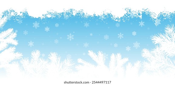 Marco de invierno de ramas de pinos y abetos y copos de nieve, fondo con espacio de copia. Ilustración vectorial