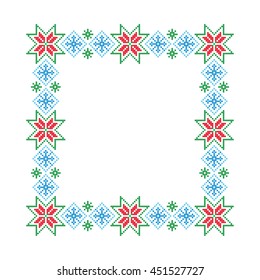 Winter frame. Christmas border. Cross stitch. Embroidery. Vector pattern.