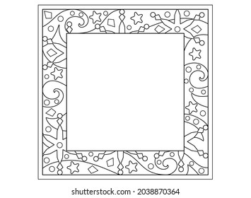 Winter frame for coloring antistress - vector linear christmas illustration. Outline. Snowy square wide frame with snowflakes, stars, ice crystals.