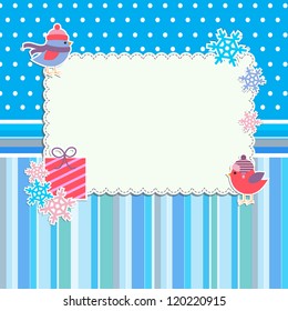 Winter frame with cute birds and snowflakes