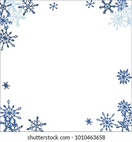 Winter Frame with Cute Doodle Snowflakes. Blue Christmas Background. Pretty New Year Background. Cute Vector Pattern for Card, Poster, Banner. Frosty Cartoon Snowflakes in Trendy Style