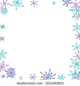 Winter Frame with Cute Doodle Snowflakes. Blue Christmas Background. Pretty New Year Background. Cute Vector Pattern for Card, Poster, Banner. Frosty Cartoon Snowflakes in Trendy Style