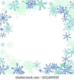 Winter Frame with Cute Doodle Snowflakes. Blue Christmas Background. Pretty New Year Background. Cute Vector Pattern for Card, Poster, Banner. Frosty Cartoon Snowflakes in Trendy Style