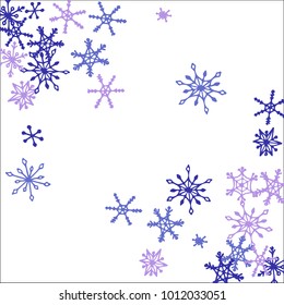 Winter Frame with Cute Doodle Snowflakes. Blue Christmas Background. Pretty New Year Background. Cute Vector Pattern for Card, Poster, Banner. Frosty Cartoon Snowflakes in Trendy Style