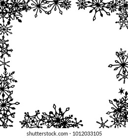 Winter Frame with Cute Doodle Snowflakes. Black and White Christmas Background. Pretty New Year Background. Cute Vector Pattern for Card, Poster, Banner. Frosty Cartoon Snowflakes in Trendy Style