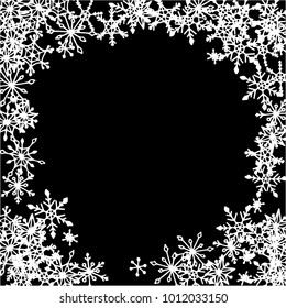 Winter Frame with Cute Doodle Snowflakes. Black and White Christmas Background. Pretty New Year Background. Cute Vector Pattern for Card, Poster, Banner. Frosty Cartoon Snowflakes in Trendy Style