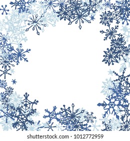 Winter Frame with Cute Doodle Snowflakes. Blue Christmas Background. Pretty New Year Background. Cute Vector Pattern for Card, Poster, Banner. Frosty Cartoon Snowflakes in Trendy Style