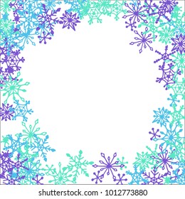 Winter Frame with Cute Doodle Snowflakes. Blue Christmas Background. Pretty New Year Background. Cute Vector Pattern for Card, Poster, Banner. Frosty Cartoon Snowflakes in Trendy Style