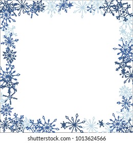 Winter Frame with Cute Doodle Snowflakes. Blue Christmas Background. Pretty New Year Background. Cute Vector Pattern for Card, Poster, Banner. Frosty Cartoon Snowflakes in Trendy Style