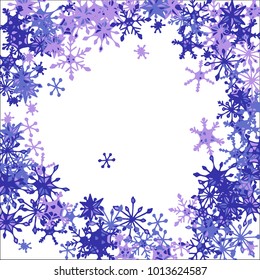 Winter Frame with Cute Doodle Snowflakes. Blue Christmas Background. Pretty New Year Background. Cute Vector Pattern for Card, Poster, Banner. Frosty Cartoon Snowflakes in Trendy Style