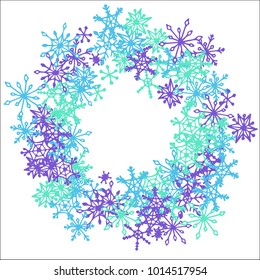 Winter Frame with Cute Doodle Snowflakes. Blue Christmas Background. Pretty New Year Background. Cute Vector Pattern for Card, Poster, Banner. Frosty Cartoon Snowflakes in Trendy Style