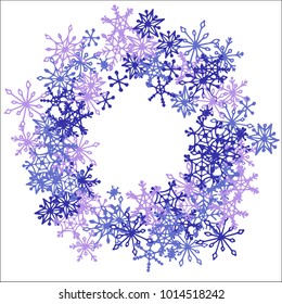 Winter Frame with Cute Doodle Snowflakes. Blue Christmas Background. Pretty New Year Background. Cute Vector Pattern for Card, Poster, Banner. Frosty Cartoon Snowflakes in Trendy Style