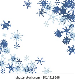 Winter Frame with Cute Doodle Snowflakes. Blue Christmas Background. Pretty New Year Background. Cute Vector Pattern for Card, Poster, Banner. Frosty Cartoon Snowflakes in Trendy Style