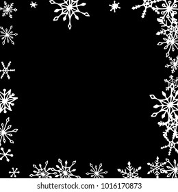 Winter Frame with Cute Doodle Snowflakes. Black and White Christmas Background. Pretty New Year Background. Cute Vector Pattern for Card, Poster, Banner. Frosty Cartoon Snowflakes in Trendy Style