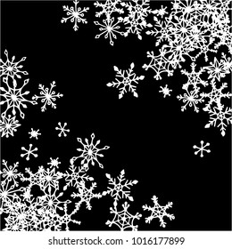 Winter Frame with Cute Doodle Snowflakes. Black and White Christmas Background. Pretty New Year Background. Cute Vector Pattern for Card, Poster, Banner. Frosty Cartoon Snowflakes in Trendy Style